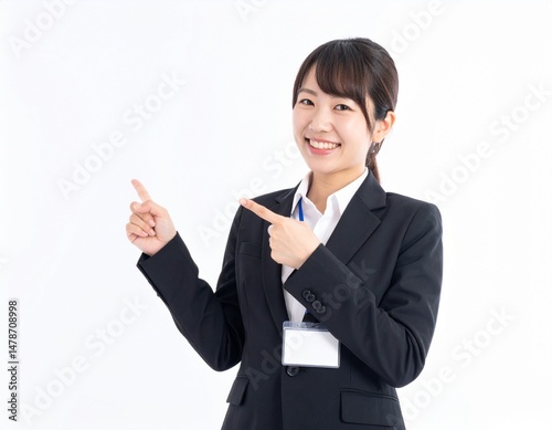 Smiling Japanese Businesswoman Pointing with Copy Space