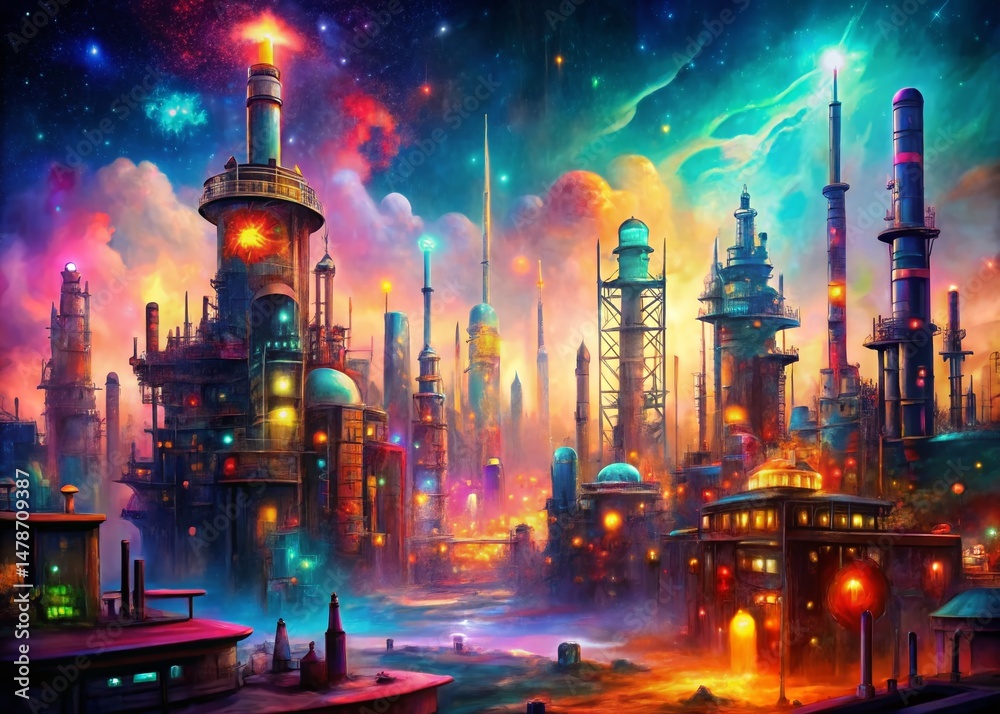 Fototapeta premium Surreal Hand-Painted Industrial Cityscape: Vibrant Urban Fantasy Art