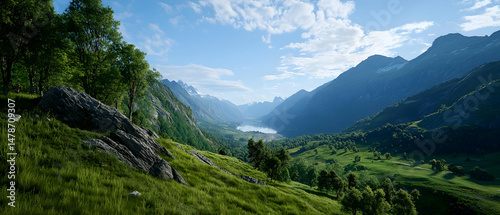 Mountain Valley Landscape With Green Forest And Lake