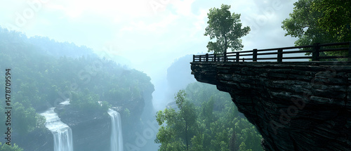 Misty Waterfall View From Cliffside