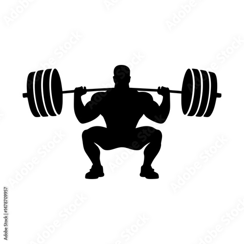 Silhouette of man doing barbell squat exercise for strength training and fitness workout, full body 100kg weight