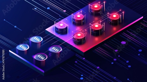Flat isometric illustration of a quantum computing process with qubits, quantum logic gates and circuit pathways in a clean modern layout. Futuristic educational technology concept for presentations.