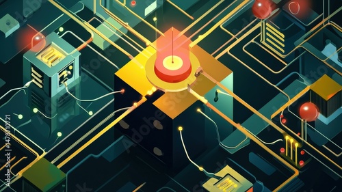 Flat isometric illustration of a quantum computing process with qubits, quantum logic gates and circuit pathways in a clean modern layout. Futuristic educational technology concept for presentations.
