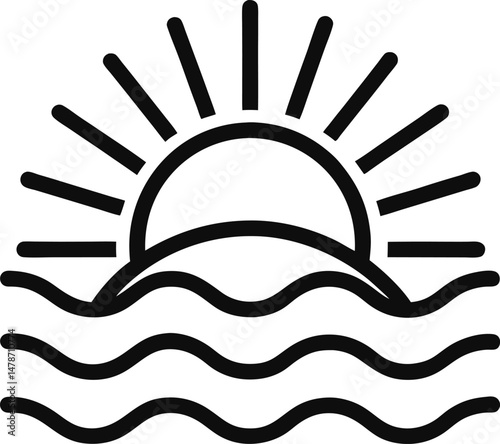  "Line icon of a sun rising over waves, symbolizing renewal, a fresh start, or peaceful moments."



