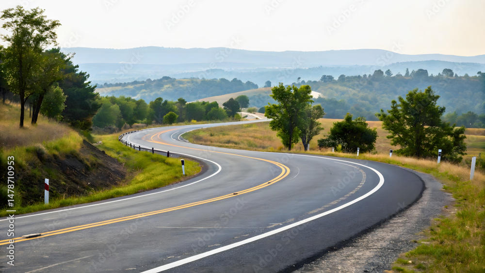 Fototapeta premium Scenic Countryside Road with Curves and Verdant Surroundings in a Serene Landscape