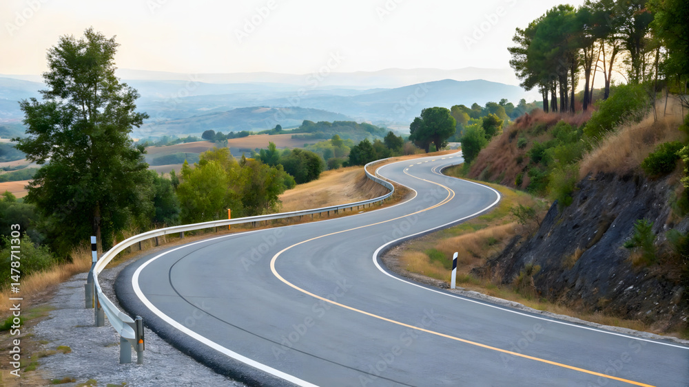 Fototapeta premium Scenic Serpentine Road Traversing Through Idyllic Countryside Landscape at Dusk