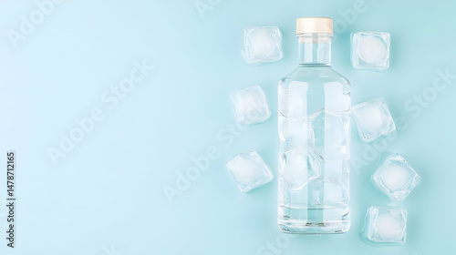 Clear Water Bottle With Ice Cubes On Light Blue Background