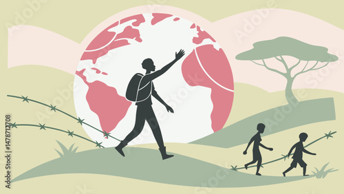 Illustration of a Refugee Journey With Backpacker and Children Walking Past Barbed Wire Against World Map Background