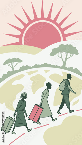 Illustration of Refugee Family Walking with Luggage on Path Under Rising Sun and Trees Symbolizing New Beginnings