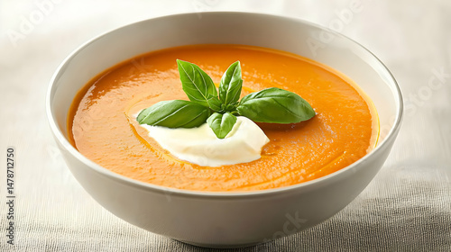 Creamy Orange Soup In White Bowl With Basil Topping