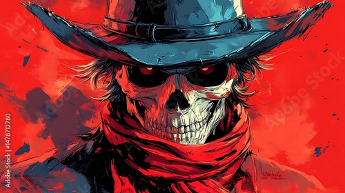 Skull cowboy in fiery background