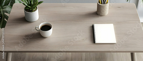 Rustic Wooden Desk With Coffee Cup And Notebook