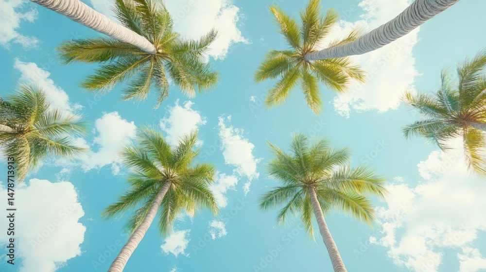 Fototapeta premium Palm trees reaching towards a bright, cloudy sky.