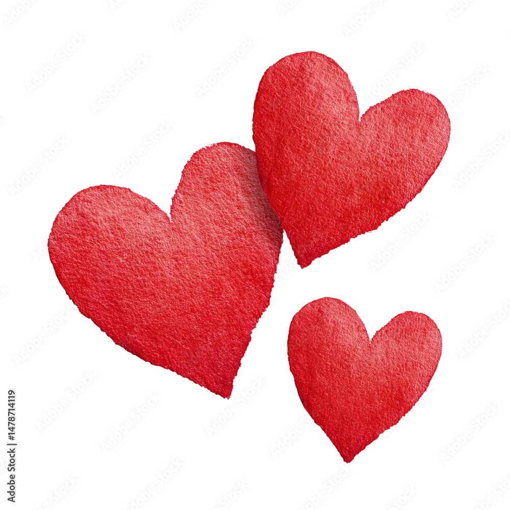 Fototapeta premium Three red hearts symbolize love, care, and affection, perfect for various themes, including romance, Valentine's Day, and expressions of fondness.