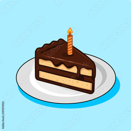 A slice of chocolate cake with a candle on a plate Vector Illustration Cartoon Design