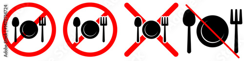 No food icon vector with crossed spoon, plate and fork symbols. Ideal for signage, public notices, restriction areas, safety rules, fasting zones, clean room warning, or diet regulation visuals.