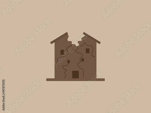 a stylized brown silhouette of a damaged house