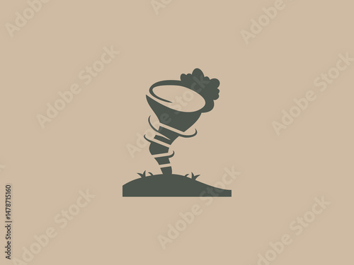 a stylized dark gray silhouette of a tornado touching down on the ground