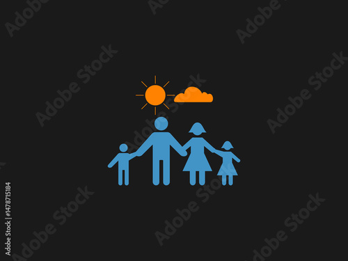a blue silhouette of a nuclear family of four holding hands