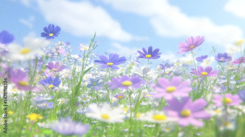 Fototapeta premium field of colorful flowers in various shades of purple, pink, and white, under bright blue sky with fluffy clouds, evokes sense of tranquility and beauty