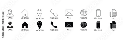 business card icon collection, contact information icon, vector illustration