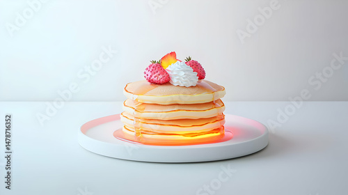Pixelated Stacked Pancakes With Fruit And Whipped Cream