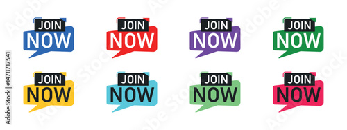 Join Now Button Label Set, Call to Action Banner, Signup Prompt Graphic, Action Badge Pack, User Engagement Ribbon, Marketing Promotion Label, Social Media UI Element, Conversion Rate Icon Collection