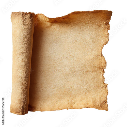 Old scroll with a rough, textured surface, suggesting age and historical significance. The paper is rolled up on one side, inviting the viewer to imagine the secrets it holds.