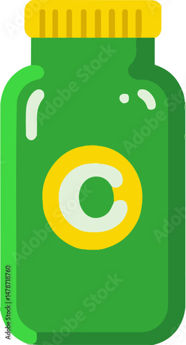 Flat minimal bold silhouette icon of vitamin C bottle green silhouette with a yellow accent detail health wellness icon