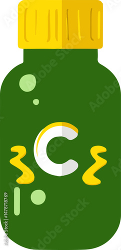 Flat minimal bold silhouette icon of vitamin C bottle green silhouette with a yellow accent detail health wellness icon