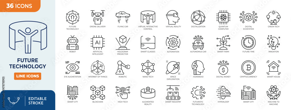 Future Technology line editable icon set. Containing robot, artificial intelligence, innovation, smart city, humanoid, hologram, digital world, high-tech, automation, and more. vector illustration