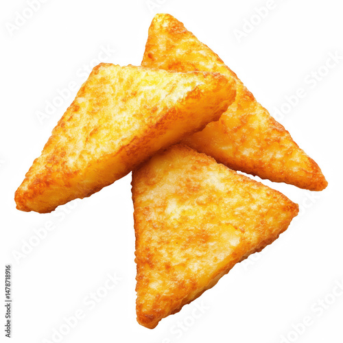 Crispy golden triangular hash browns in realistic style, delicious deep-fried potato snack perfect for breakfast or fast food, isolated on transparent background.
