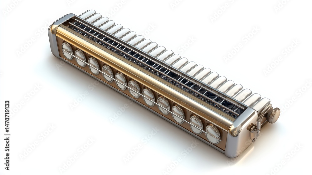 Harmonica close-up studio shot highlighting the intricate design of the musical instrument Harmonica close-up studio shot highlighting the intricate design of the musical instrument
