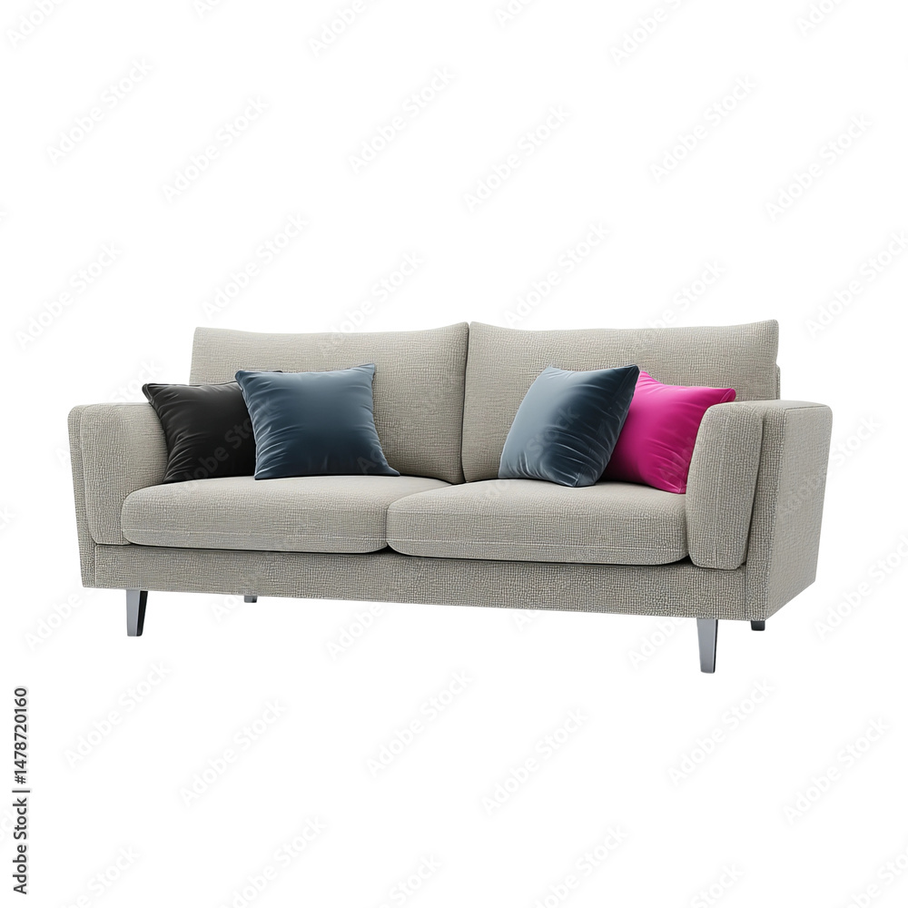 Fototapeta premium A comfortable couch with colorful pillows, ready for relaxation. This modern couch has a minimalist design and is perfect for any living room
