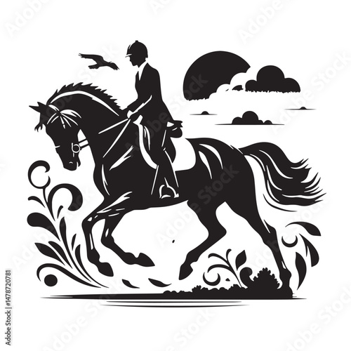 Equestrian Silhouette line art vector illustration on white background