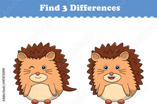 Education game for children find three differences between two hedgehog cartoon. Vector illustration