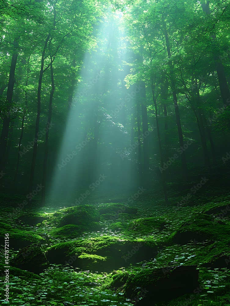 Obraz premium Sunlight filtering through dense forest