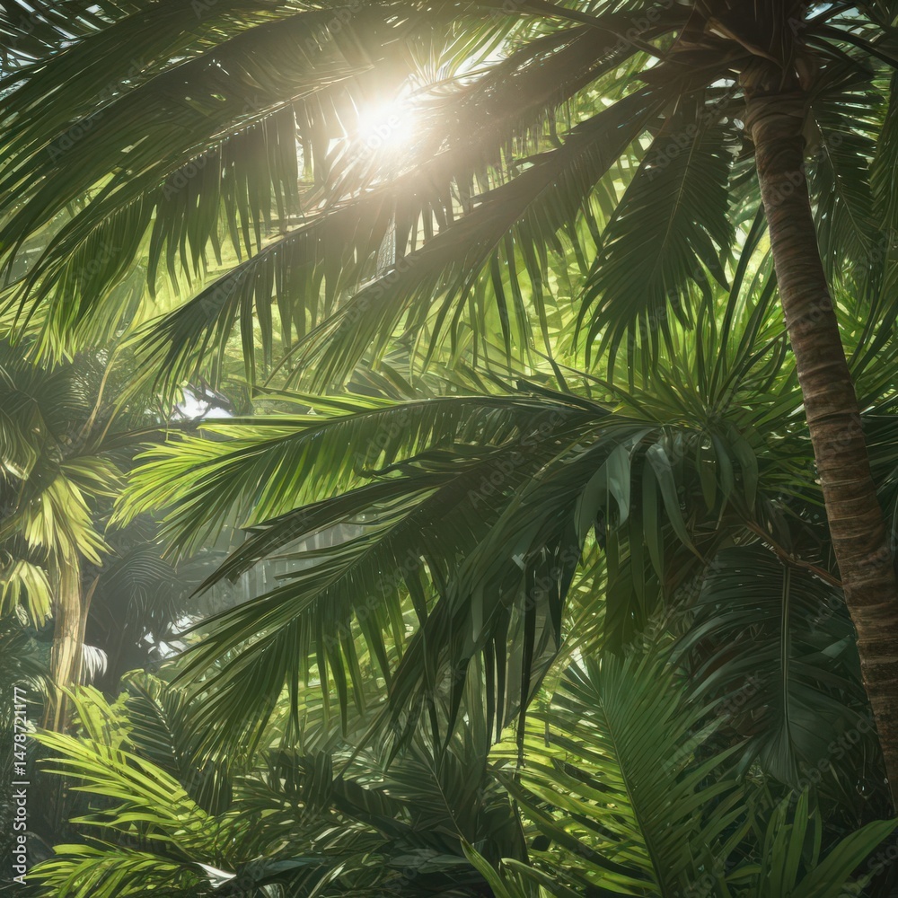 Fototapeta premium Lush green palm fronds, sunlight filtering through, illustration, vacation, texture