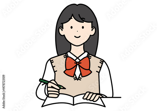 勉強する高校生 ベスト リボン 黒髪ロング