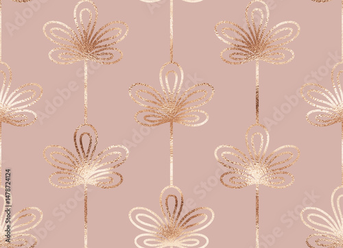 Art deco floral seamless pattern with gold palm leaves.