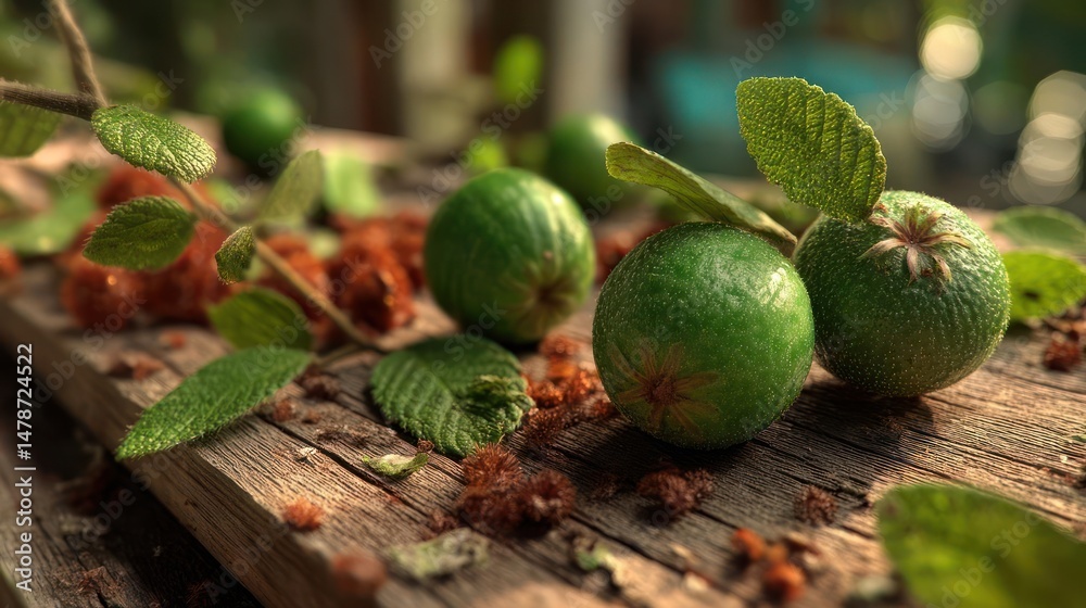 Fototapeta premium Fresh kiwis and leaves on a rustic wooden surface.