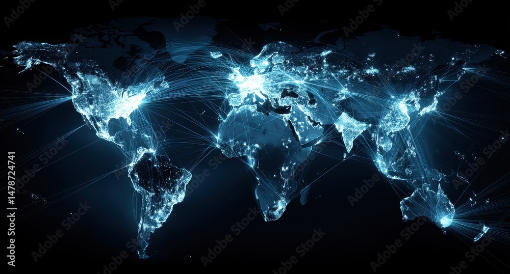 Fototapeta premium Global interconnectedness visualized on a world map.