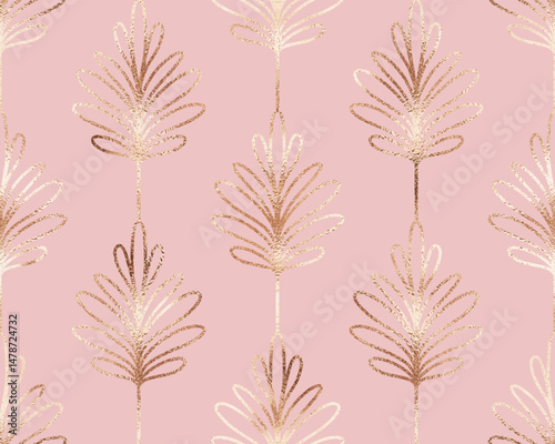 Art deco floral seamless pattern with gold glitter buds.