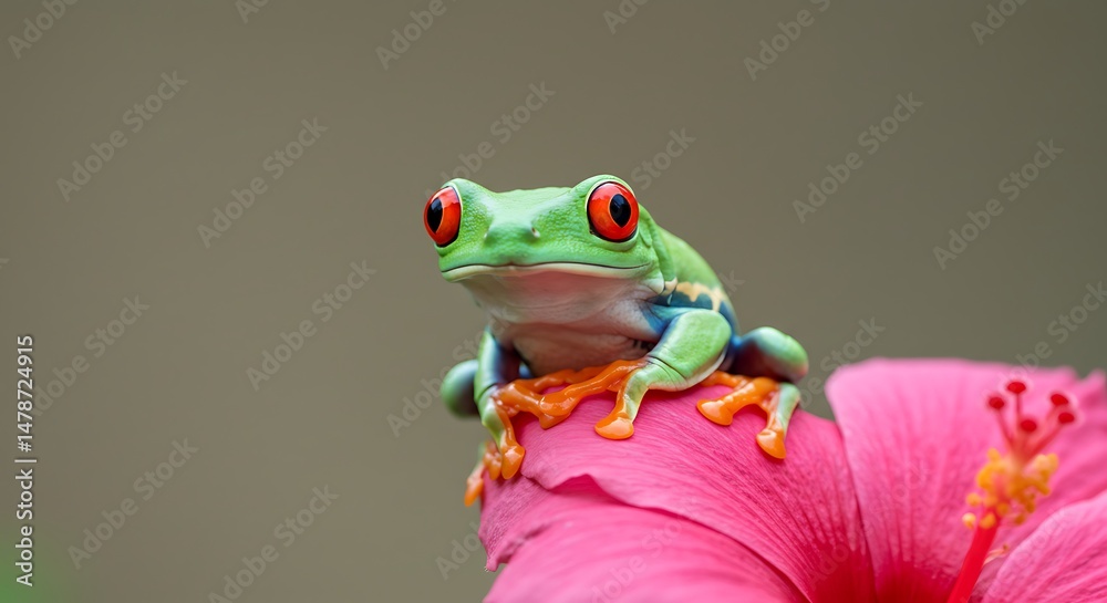Naklejka premium Emerald Jewel Hibiscus Haven Red Eyed Wonder Tropical Bloom Hidden Treasure Vibrant Petals A Tiny King On A Pink Throne Forest Gem Daybreak Serenade