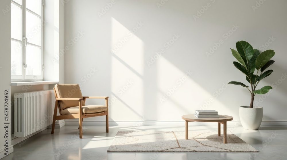 Fototapeta premium Serene Minimalist Room Design Featuring a Tan Chair, Wooden Coffee Table, and Stylish Potted Plant in Sunlight