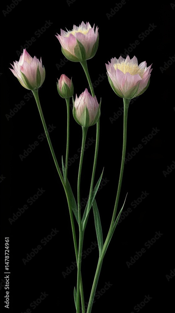 Fototapeta premium Elegant Strawflower Still Life on Black Background Close Up Studio Shot Delicate Pink Blossoms and Buds