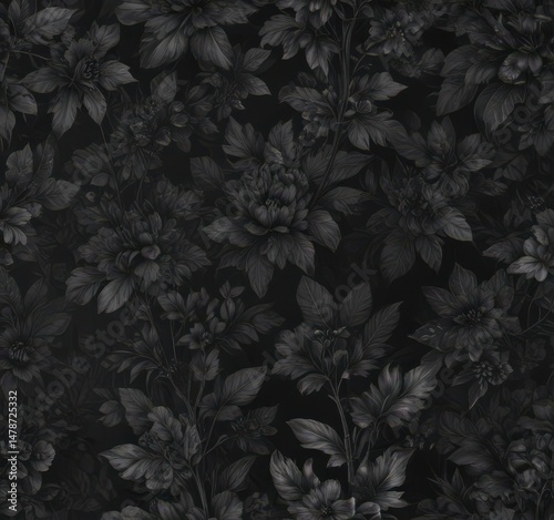 Abstract charcoal botanical wallpaper, dark floral pattern , home, tones