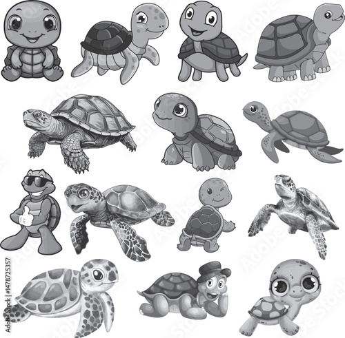 set of sea turtles, reef sea turtle, Vector Illustration Set, sea turtle icon set in gray color, baby turtle, sea creature, animal