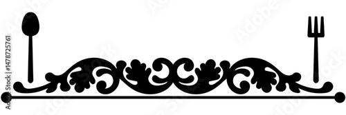 Editable Elegant black and white food menu header vector with decorative swirls and cutlery symbols. Ideal for restaurant menus, cafe signage, invitations, and culinary design projects.