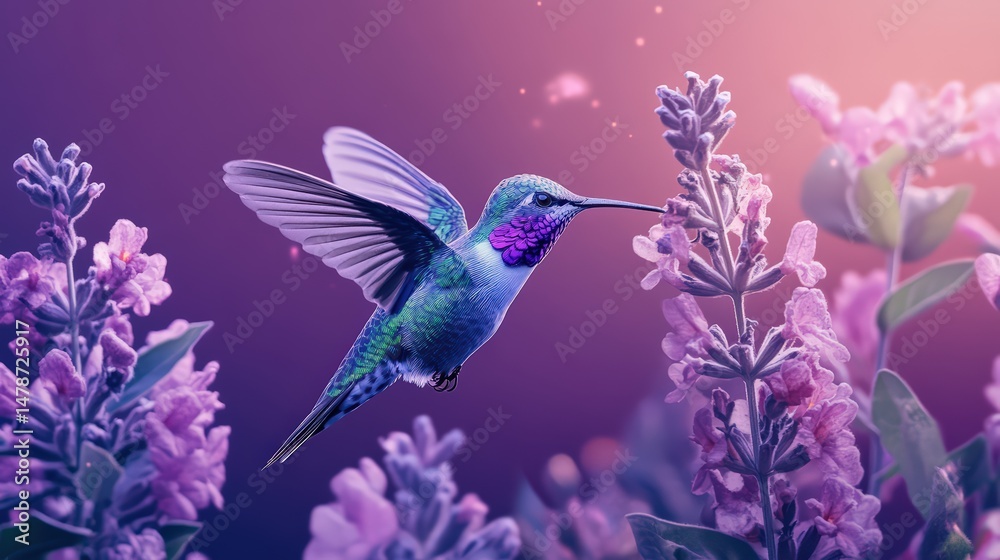 Fototapeta premium Hummingbird in flight seeking nectar amidst lavender blooms vibrant colors